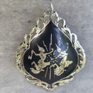Vintage Thai Siam Niello Silver Brooch Mekhala Ramasoon Goddess Thunder Black